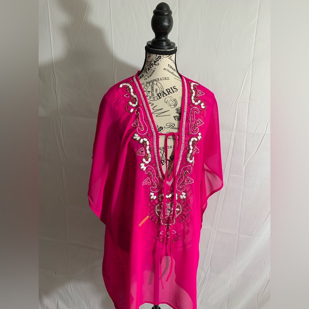 Spiaggia Dolce Hot Pink beaded v neck swim cover up Size Large, Dolman sleeves